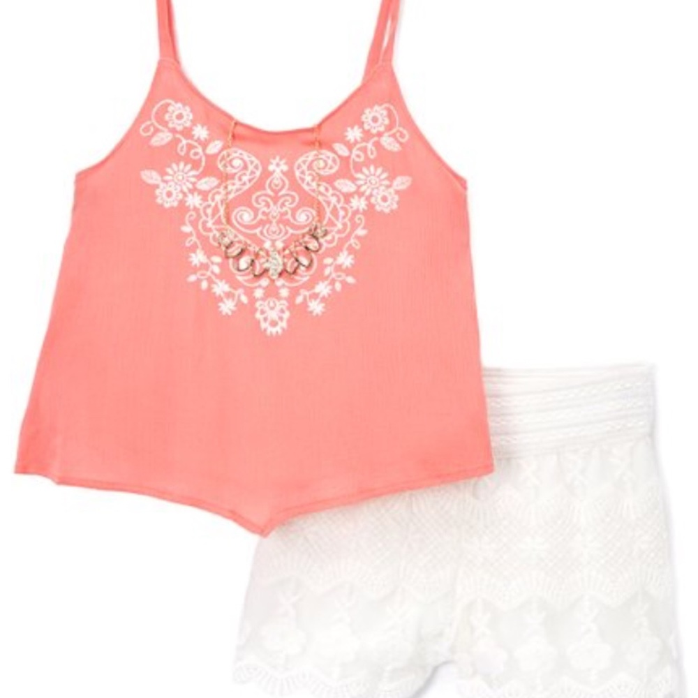 Coral-colored, embroidered, white lace, outfit